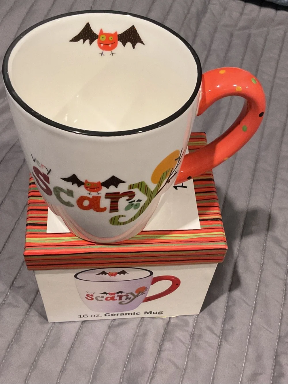 Certified International Halloween Owl & Bat Ceramic Mug with Orange Handle